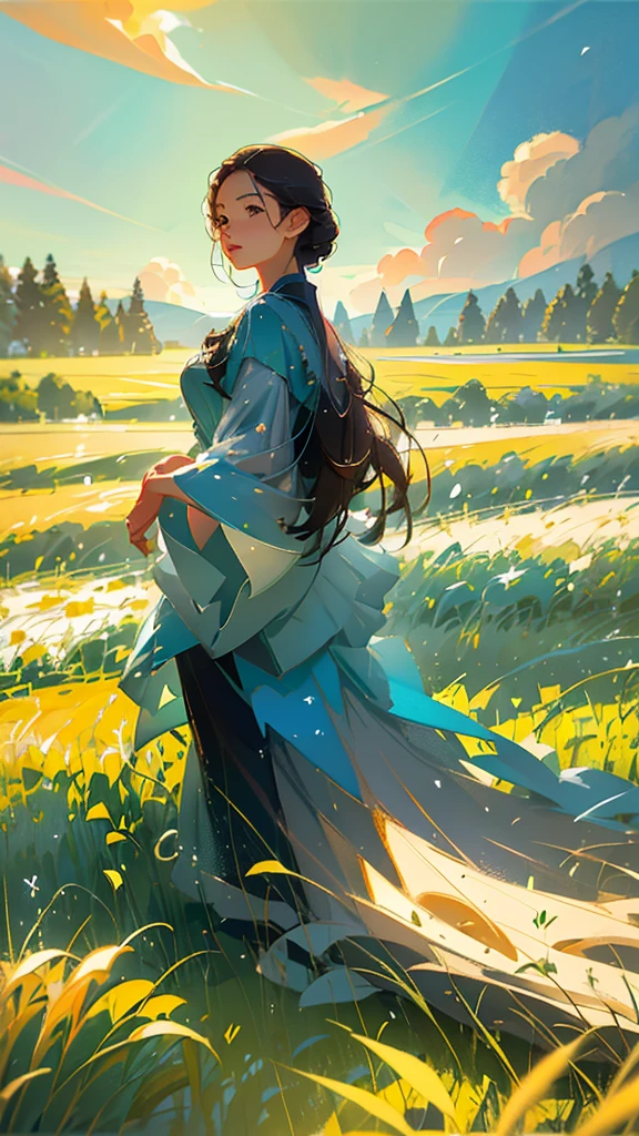 Wheat field, a beautiful girl standing in a wheat field, big clouds, blue sky, rice field, neat rice seedlings in the field, forest, hillside, secluded, countryside, HD detail, hyper-detail, cinematic, surrealism, soft light, deep field focus bokeh, ray tracing and surrealism. --v6