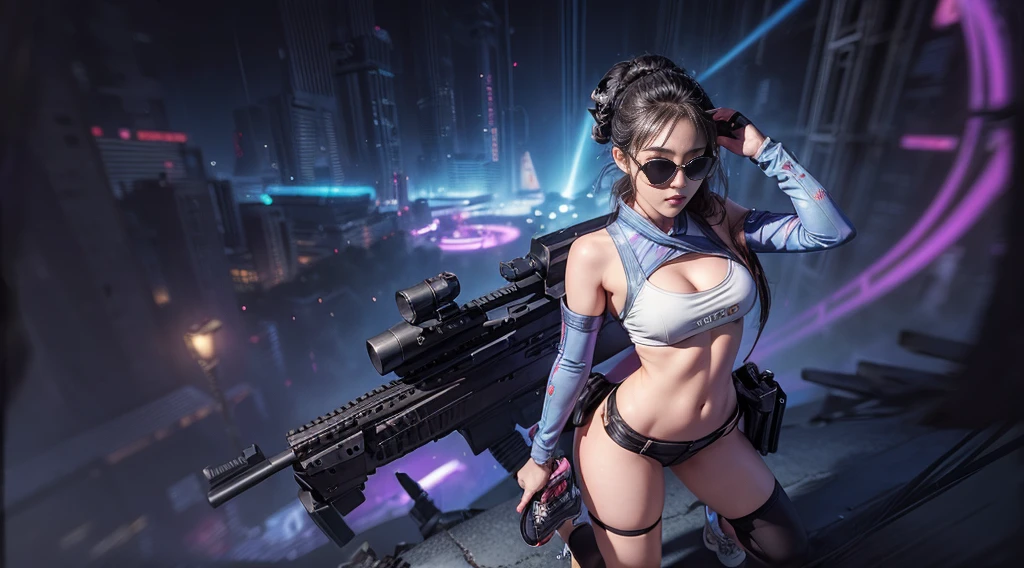 8k, Realistic Skin Texture, Realistic Photo, Neo Tokyo, slim women, large-breast:1.4 cleavage:1.3, AD2050 at night, Dirty hunting jacket, Wearing tube top, miniskirt, (((black sunglasses, automatic rifle, sneakers, cold, shooting pose, very low angle view))), Innovative composition, revenge, cyberpunk, blade runner worldview, Large neon sign, Geisha hologram sign, Strong Wakamoto Sign.