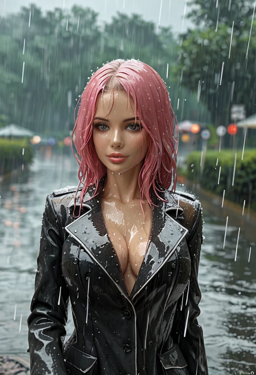 Sexy pink Shark Girl wearing a black trench coat,(No humans),E7E48U，Wet body，rain, Background grassland