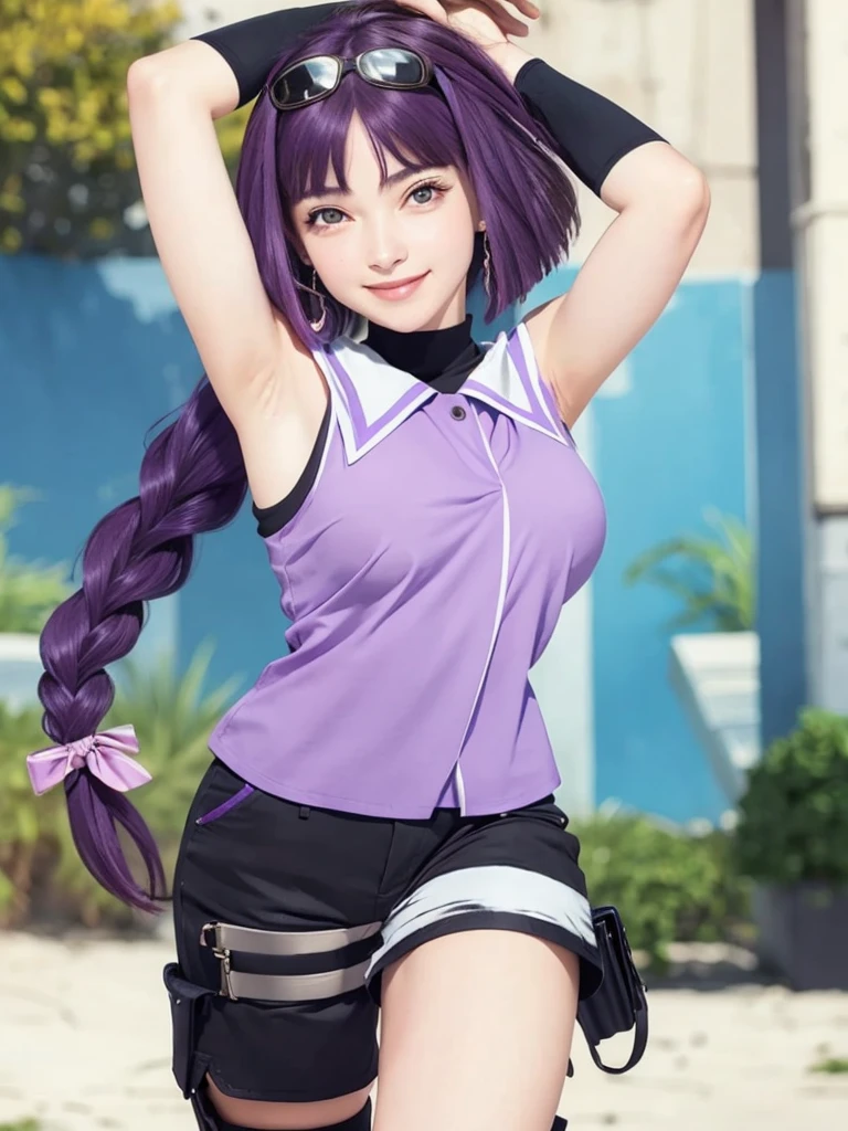 A beautiful girl, high quality, real details, color details, face details, eyes details, intricate details, smile face, smooth glowing skin, 3D image, medium contrast, cinematic lighting, realistic, masterpiece, 8K, thin face, front bangs hair, long hair with purple color, purple eyes, smiling , pink mouth, a girl with a purple sleeveless shirt, large breast size, 2 hands, 2 hand raised, 5 fingers, showing armpits, smooth armpit, black shorts.