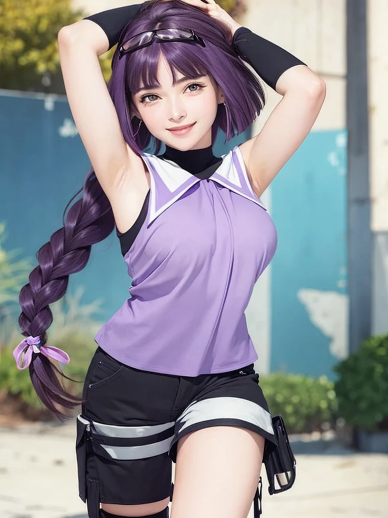 A beautiful girl, high quality, real details, color details, face details, eyes details, intricate details, smile face, smooth glowing skin, 3D image, medium contrast, cinematic lighting, realistic, masterpiece, 8K, thin face, front bangs hair, long hair with purple color, purple eyes, smiling , pink mouth, a girl with a purple sleeveless shirt, large breast size, 2 hands, 2 hand raised, 5 fingers, showing armpits, smooth armpit, black shorts.