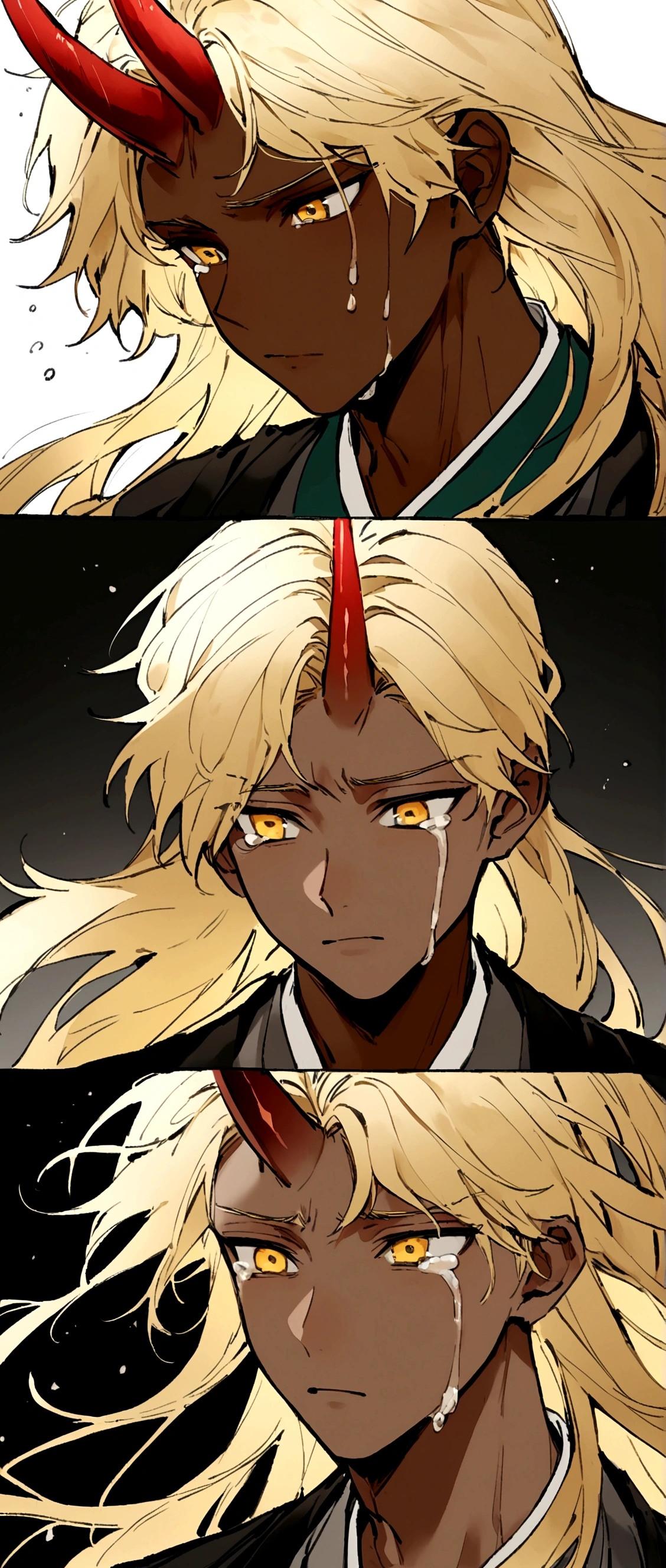 Beautiful young man with blond hair and dark skin, 17 years old, Yellow Eyes, A single red horn grows from the right side of its head...,Long flowing hair, Wearing traditional Korean clothing, I'm crying in frustration,He has a knife
