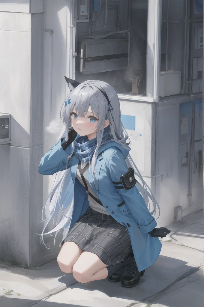 Blue scarf,Blue Jacket,Blue hood,ID card,Silver Hair,Gray ear,Black gloves,blue eyes,Plaid skirt