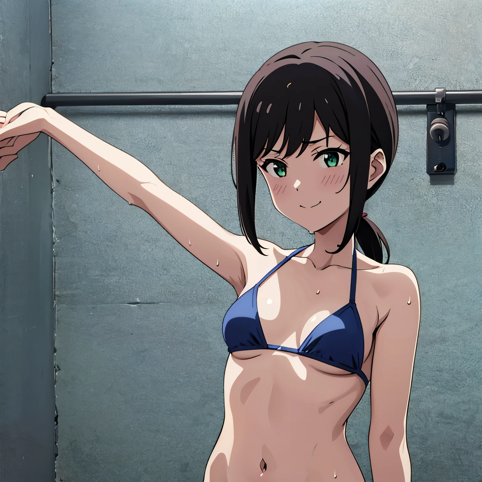 Nipples are visible,Runway,slingshot bikini,Open your arms,Anime Nose, anime eye, Anime Mouth,Wet Skin, wet hair,Upper Body, green_eye,{{{{{Avert your eyes}}}}},{{Browsing Caution}}, {{{{{from the front}}}},Mouth closed, lovelive!, {{{Anime Mouth}}},{{{{{Upper Body}}}}},{{{{{Portraiture}}}}}, {{{{{Laughter}}}}}, {{{{{Small breasts}}}}},Panty shot, (masterpiece, Highest quality:1.2),shape,8K,High resolution,One Girl,alone,black_hair,short_ponytail, Side Lock,low_ponytail,smile,black_eye,