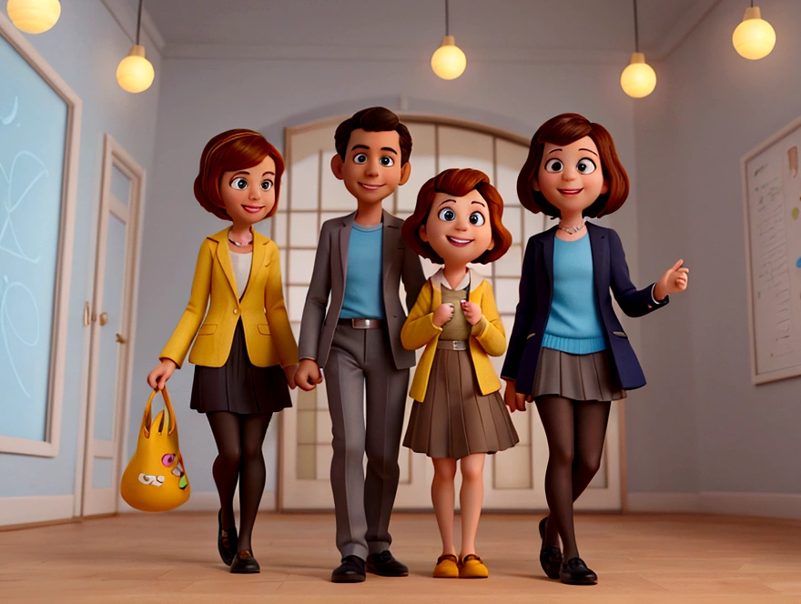 A photo of Ligia Travensolo, a female Disney Pixar 3d style character, based on the movie Inside Out, she is short, is an adult woman, is a french teacher, has light skin and shoulder-length dark brown hair, and brown eyes. She is wearing a black blazer, over a mustard yellow top, paired with a grey skirt and black tights and low heel black shoes. Smiling at the camera.