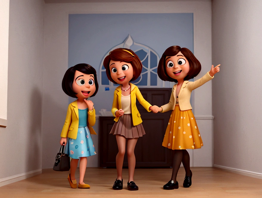 A photo of Ligia Travensolo, a female Disney Pixar 3d style character, based on the movie Inside Out, she is short, is an adult woman, is a french teacher, has light skin and shoulder-length dark brown hair, and brown eyes. She is wearing a black blazer, over a mustard yellow top, paired with a grey skirt and black tights and low heel black shoes. Smiling at the camera.
