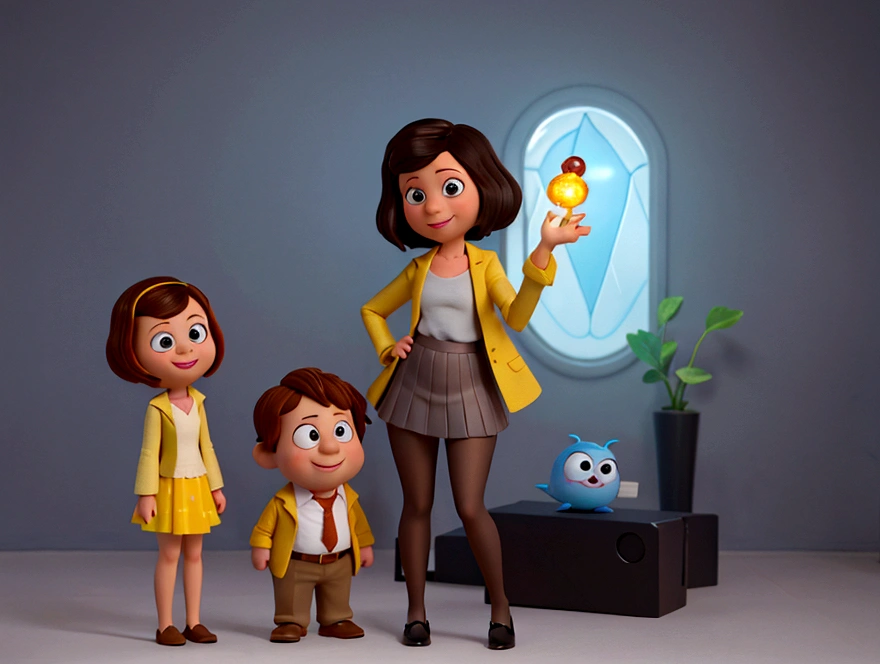 A photo of Ligia Travensolo, a female Disney Pixar 3d style character, based on the movie Inside Out, she is short, is an adult woman, is a french teacher, has light skin and shoulder-length dark brown hair, and brown eyes. She is wearing a black blazer, over a mustard yellow top, paired with a grey skirt and black tights and low heel black shoes. Smiling at the camera.