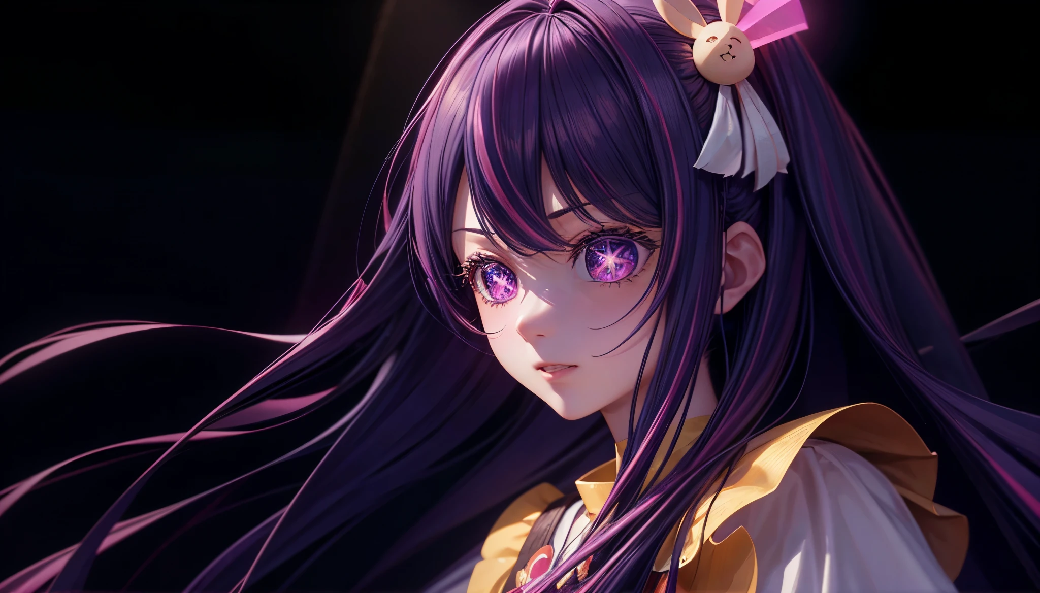 Hoshino Ai, long hair, purple hair, streaked hair, purple eyes, star-shaped pupils, hair ornament, in the concert stage with a view towards the audience, audience with purple and pink lights, from front side, BREAK, quality\(8k,wallpaper of extremely detailed CG unit, masterpiece,hight resolution,top-quality,top-quality real texture skin,hyper realisitic,increase the resolution,RAW photos,best qualtiy,highly detailed,the wallpaper,cinematic lighting,ray trace,golden ratio\),long view