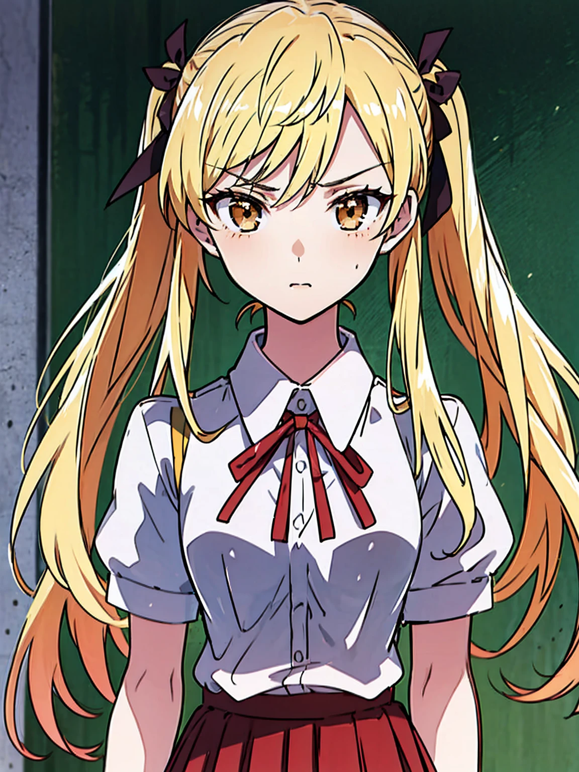 solo,1 girl,long hair ,blonde hair,portrait,twintail,sawachika eri, twintails, long hair, blonde hair, brown eyes, hair ribbon,chibi,cute, hair ribbon,school uniform, red pleated skirt,angry