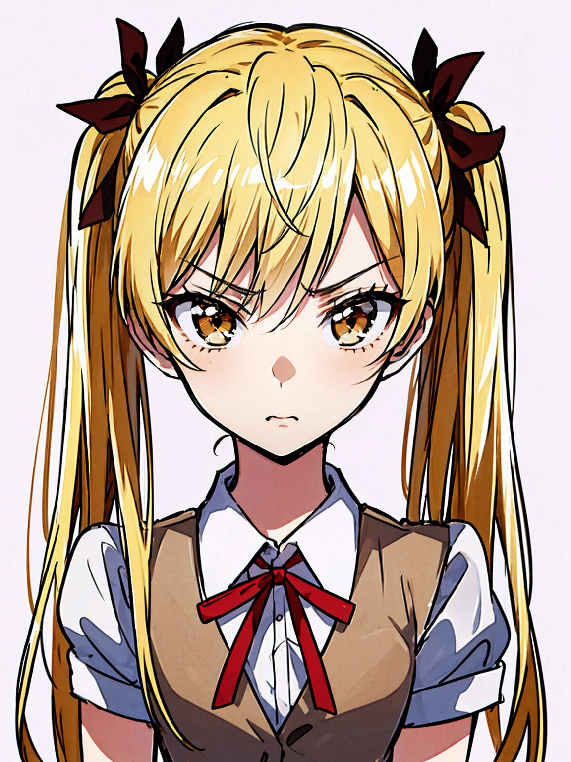 solo,1 girl,long hair ,blonde hair，portrait,twintail,sawachika eri, twintails, long hair, blonde hair, brown eyes, hair ribbon，chibi,cute, hair ribbon,school uniform, red pleated skirt,angry