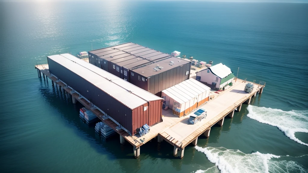 Aerial viewing angle，panoramic，A pier，Forklift transporting boxes in factory，There is a simple shed，Some small boxes stacked together，3d,Concept Art，real picture