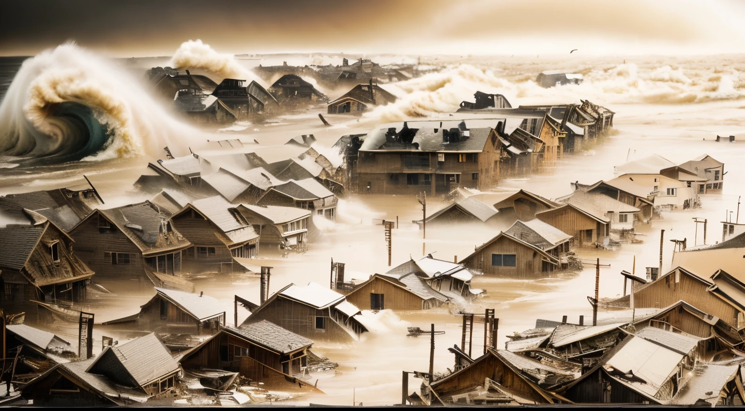 arafa view of a village in a hurricane with a huge wave, Disaster photography, stunning visual, stunning image, tsunami, pulitzer prize for photography, an amazing photo, amazing photo, apocalyptic tumultuous sea, devastation, stunning art, National Geographic Photography, Epic Photo of the Year, breathtaking look, National Geographic Award for Photography, apocalypse hurricane storm, flooded fishing village