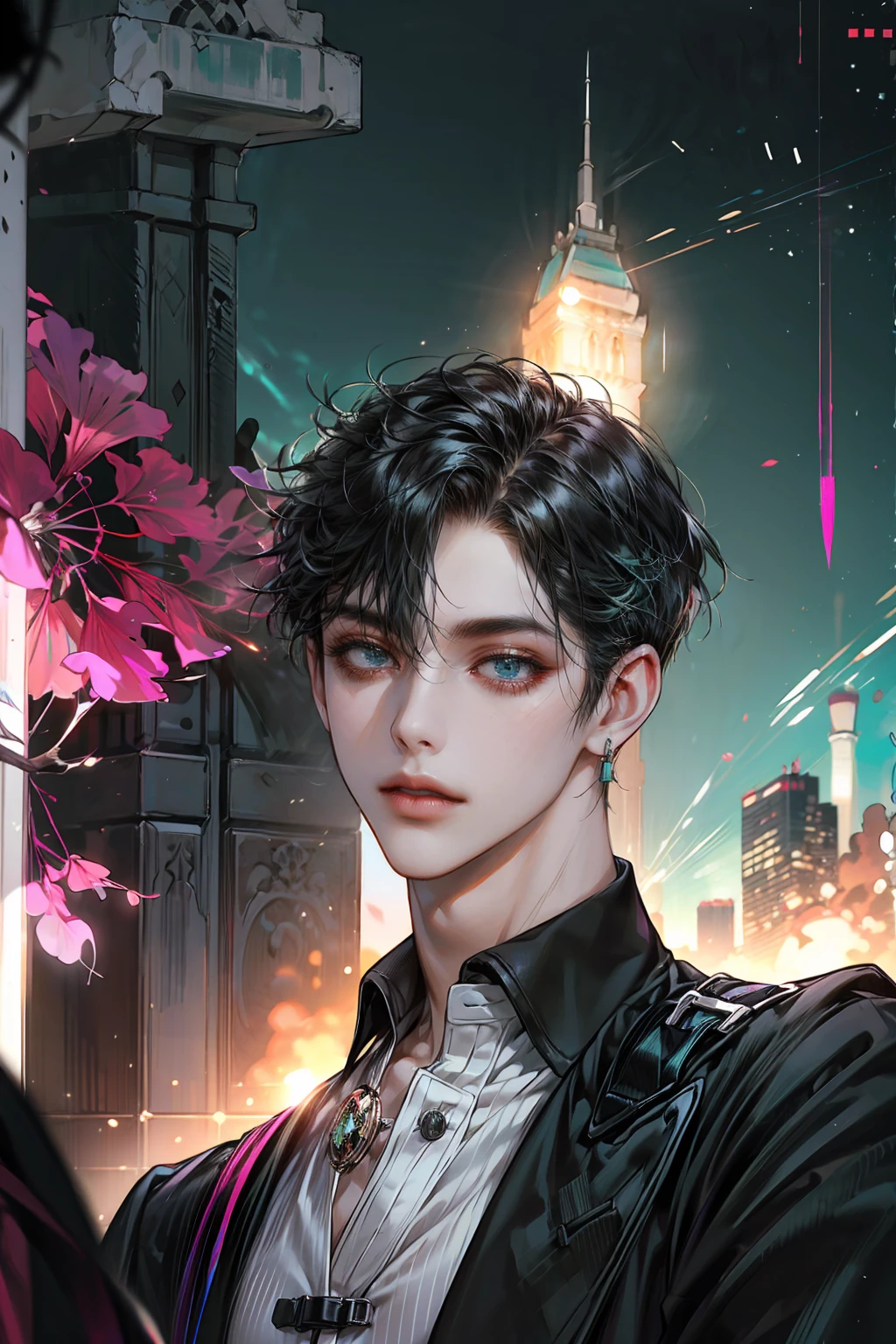 (absurdres, highres, ultra detailed, original character), 1 russian boy, solo, adult, handsome, ((tall muscular guy, broad shoulders)), finely detailed eyes, (black hair), hair between eyes, turquoise eyes, holographic, futuristic, casual outfit, black coat, gun holster, tight white shirt, big pecs, ((wearing a black earring)), cowboy shot, dutch angle, face focused, tower walled city scenery, dystopian hong kong city, skyscrapers, Cyan, Magenta, long face, closed mouth, looking at viewer, depth of field, bokeh