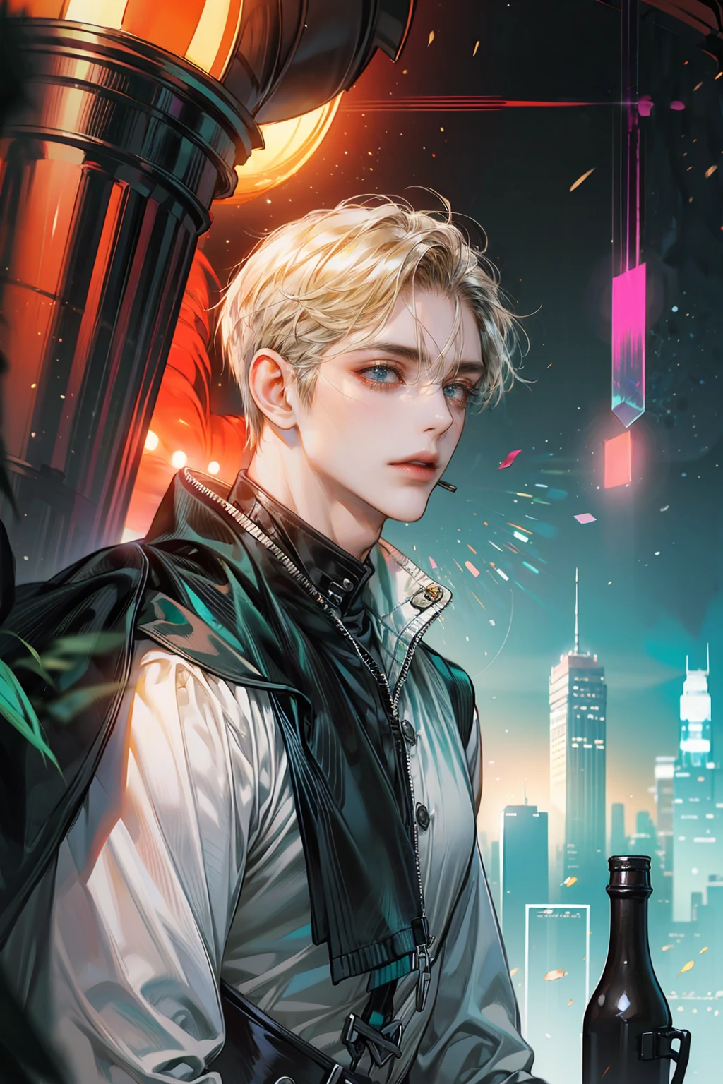 (absurdres, highres, ultra detailed, original character), 1 russian boy, solo, adult, handsome, ((tall muscular guy, broad shoulders)), finely detailed eyes, (black hair), hair between eyes, turquoise eyes, holographic, futuristic, casual outfit, black coat, gun holster, tight white shirt, big pecs, ((wearing a black earring)), cowboy shot, dutch angle, face focused, tower walled city scenery, dystopian hong kong city, skyscrapers, Cyan, Magenta, long face, closed mouth, looking at viewer, depth of field, bokeh