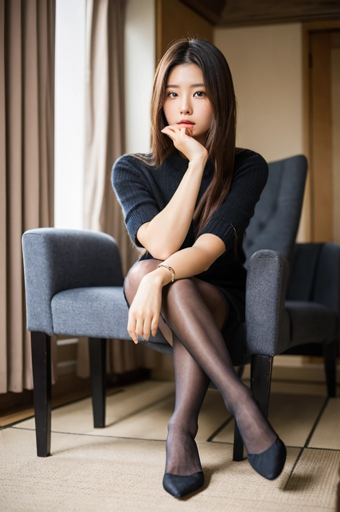 ulzzang-6500-v1.1, (RAW Photos:1.2), (Realistic Photo), Beautiful girl with attention to detail, (Realistic:1.4), Beautiful eye and face with High Detail, Beautiful eye with High Detail, Japanese , , (Ultra Realistic Pantyhose:1.2), No shoes, Sitting in a chair, (Ultra Realistic pantyhose:1. 2), No shoes, Toes, Sitting in a chair, Huge file sizes, High resolution, very detailed, Highest quality, [masterpiece:1. 6], figure, very detailed, Hmph, detailed, Highest quality, 8k wallpaper, Cinema Lighting, One Girl, 17 years old, Perfect figure, タレeyeかわいい, 大きく美しいeye, eye , (( masterpiece)), Highest quality, 1 Girl, Eyeshadow, ((Full Body Shot:1.4)),.