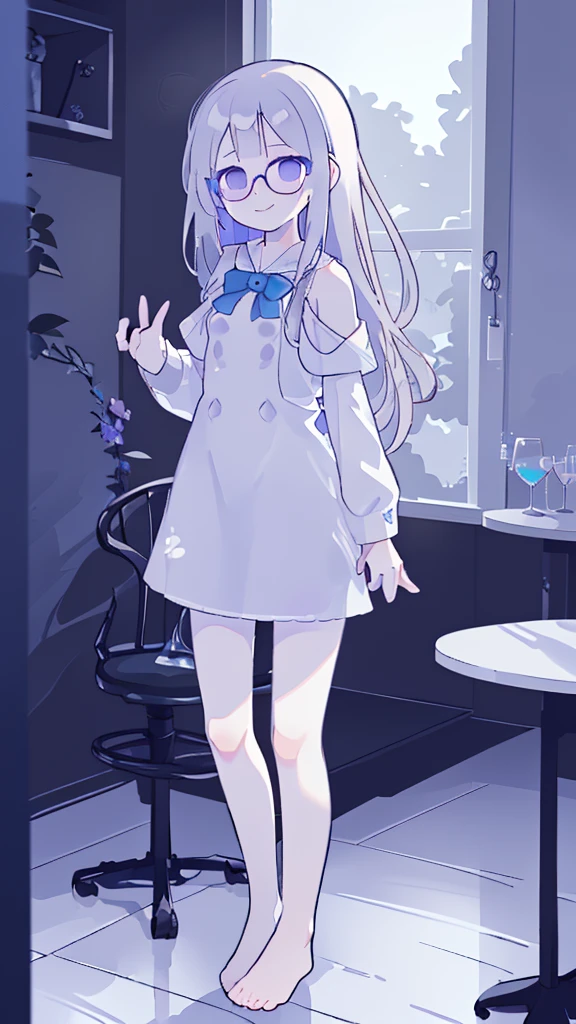 (flat:1.5),(cafe, window, sunlight, table, chair, sedentary:1.5) (BIG ASS, thick thighs:0.7), (warm light source:1.2), intricate details, volumetric lighting, Realism BREAK(masterpiece:1.2), (top quality), 4K, ultra detail, (Dynamic configuration:1.4), Very detailed and colorful details,(rainbow colors:1.2), (shining lights, atmospheric lighting), dreamy, magical, (alone:1.2), intricate details, cheeky expression, (big bust:1.5), (Black eyes with a slight purple tint:1.5), (a devastated expression, dead eyes, dark atmosphere:1.5), (Very white and long hair with a bluish tint, weak perm:1.5), (oversized white shirt:1.5), (bare foot, round-rimmed glasses:1.5), (chubby:1.1), (smiling faintly:1.5),(human ear,thin legs:1.5),(chair에 sedentary, diagonal shot:1.5)