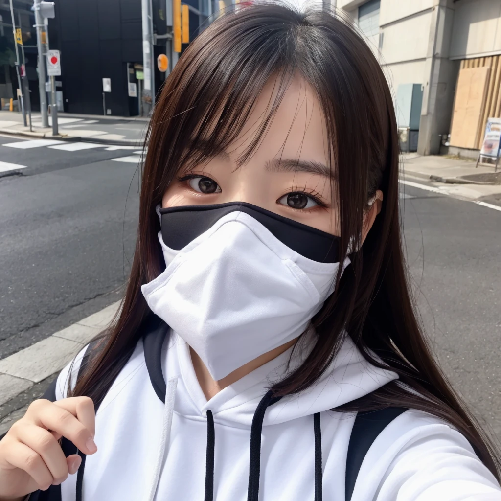 Japanese woman, outside, selfie, white mask, cute, double eyelids, black hoodie, girly, upper body up, wearing a mask