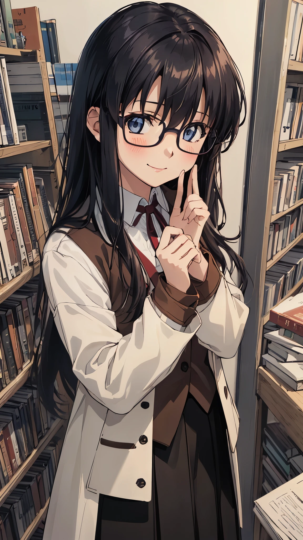 upper body,YR, 1girl, solo,long hair,black hair, blush, smile, looking at viewer, glasses, long skirt,(coat:1.1), vest, ribbon, long sleeves,book store,(Carrying a lot of books),masterpiece,Noise Reduction,perfect anatomy,high resolution, ultra-detailed,game cg,dutch angle ,beautiful detailed eyes,visualart,five fingers, perfect hands, perfect lighting,