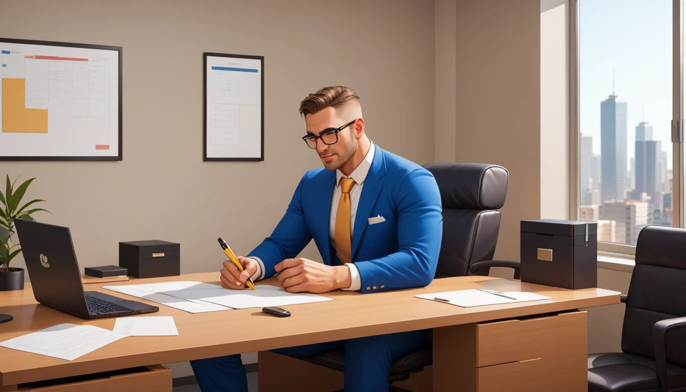 a 30 year old male business character with a friendly and illustrative appearance, . He is sitting behind his MacBook in his minimalist office., with his arms on his desk. is looking ahead, retrto central, ambiente general de la imagen debe trasmitir una conexion con el minimalism, illustration plana, bold line, minimalism, simplified, illustration
