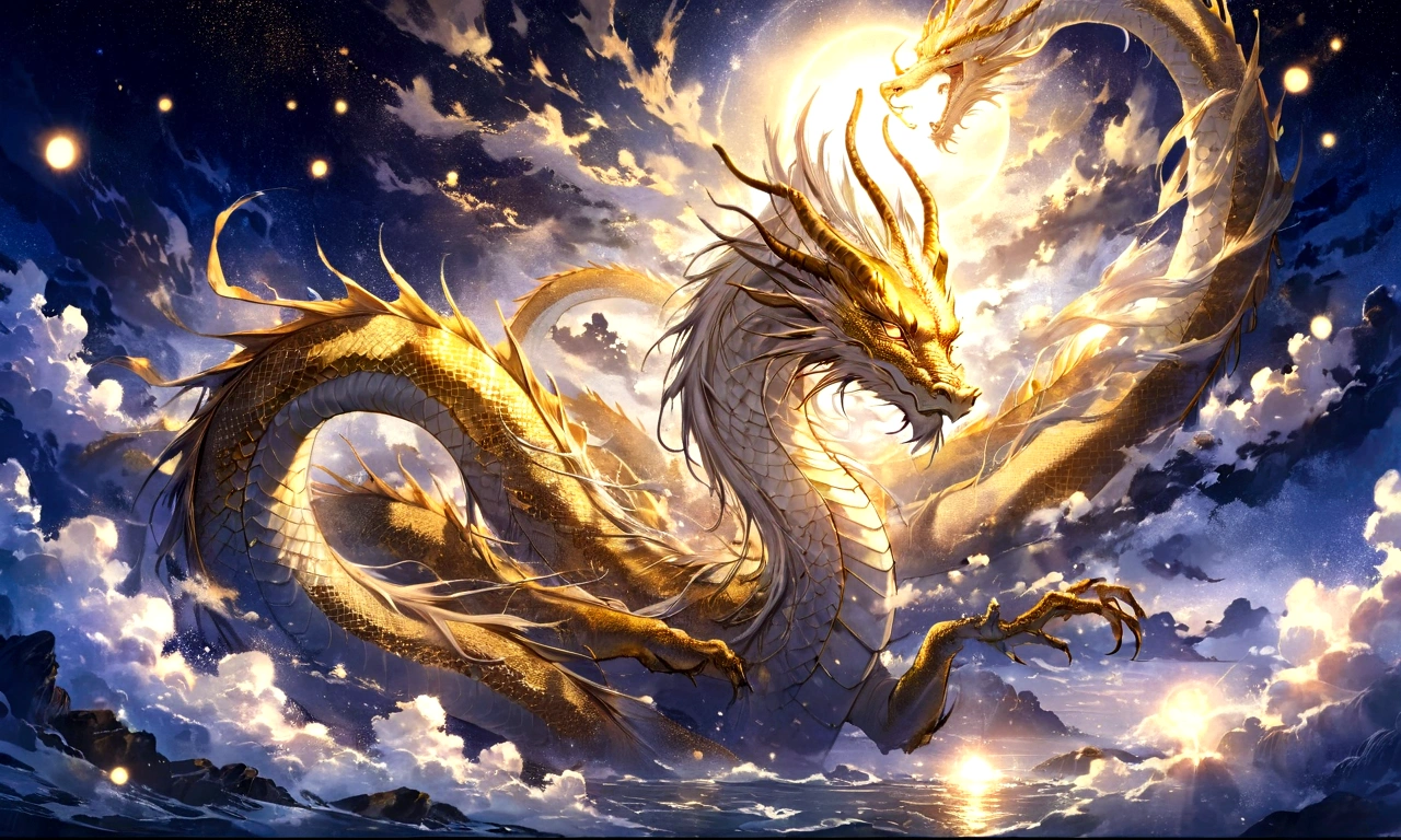 white dragon god, gentle gaze, fantastic background, moonlight background, sea of ​​clouds background, golden splashes, mysterious, divine light, mythical creature, traditional Chinese dragon, myth, speckled light, hazy haze, mysterious aura, masterpiece, fantastic, elegant dragon, good fortune, fantasy art