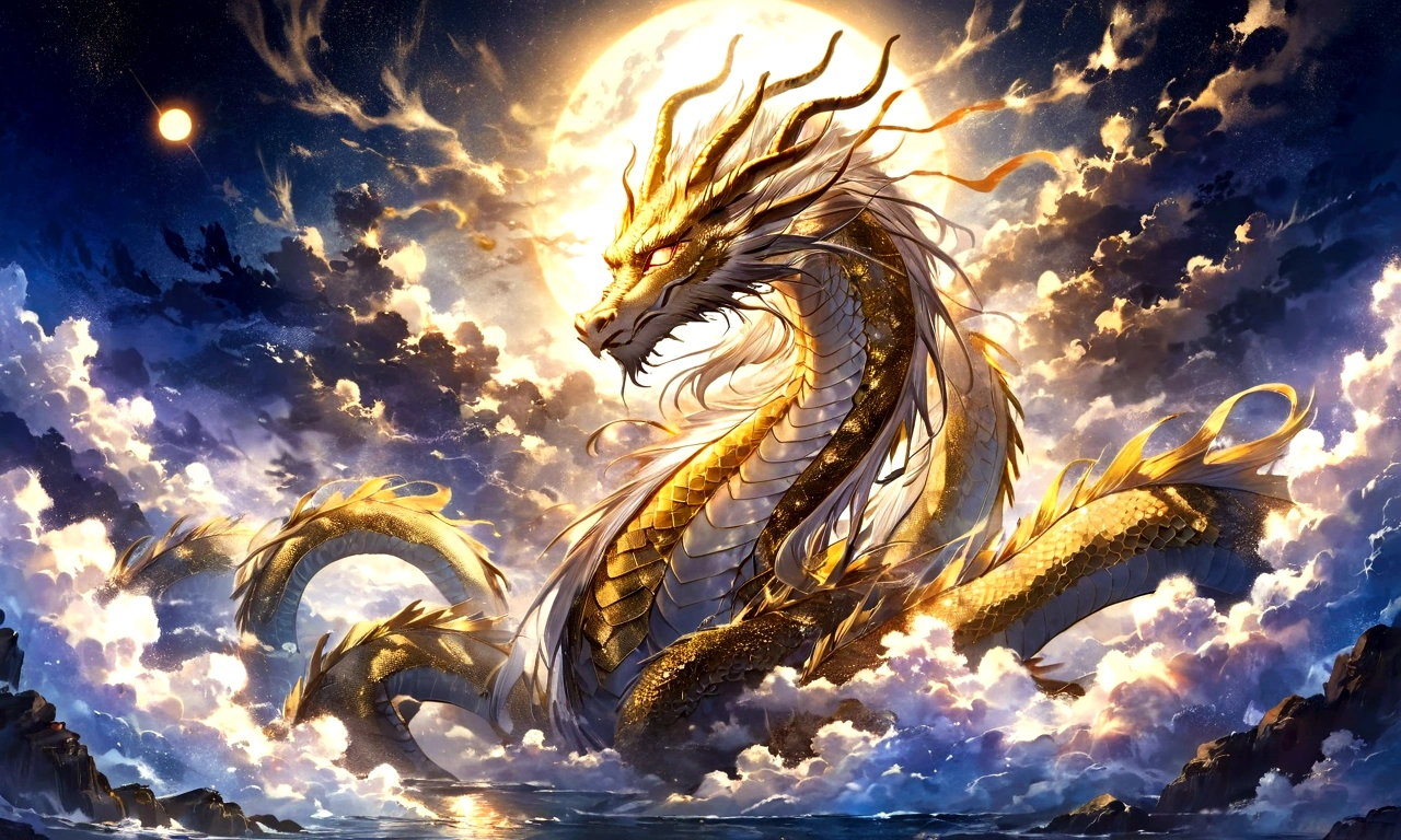 white dragon god, gentle gaze, fantastic background, moonlight background, sea of clouds background, golden splashes, mysterious, divine light, mythical creature, traditional Chinese dragon, myth, speckled light, hazy haze, mysterious aura, masterpiece, fantastic, elegant dragon, good fortune, fantasy art