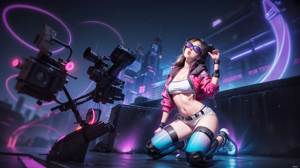 8k, Realistic Skin Texture, Realistic Photo, Neo Tokyo, slim women, large-breast:1.4 cleavage:1.3, AD2050 at night, Dirty hunting jacket, Wearing tube top, miniskirt, (((black sunglasses, automatic rifle, sneakers, cold, shooting pose, very low angle view))), Innovative composition, revenge, cyberpunk, blade runner worldview, Large neon sign, Geisha hologram sign, Strong Wakamoto Sign.