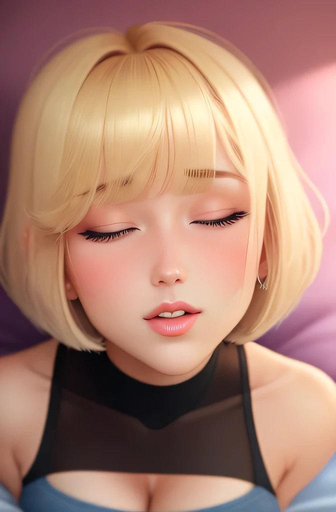 Amazing portrait of a sexy woman with short blonde hair with a bob haircut and a beautiful face with half lidded eyes perfect eyebrows slightly slanted as she's flustered with a deep blush on her cheeks with a long neck and medium chest that is emphasized by a tight pink crop top that showcases her amazing body and midriff with abs and a short denim shorts emphasizing her thick thighs and voluptuous body as she lays on the bed intimately spreading her legs in anticipation
