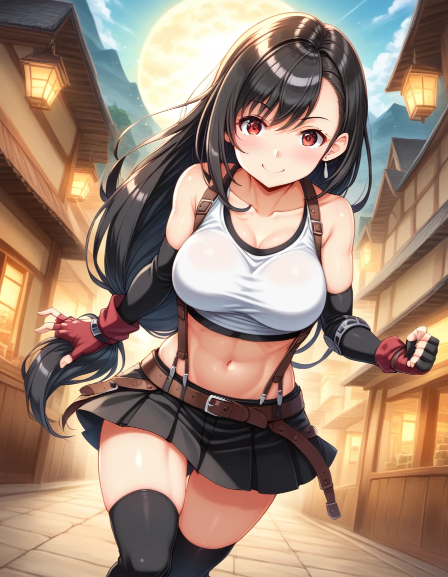 (score_9,score_8_up,score_7_up,score_6_up,score_5_up,score_4_up), BREAK ,,(((punch,dynamic angle, dynamic pose, hand focus, punch focus,battle))),upperbody,looking_at_viewer ,1girl, tifa lockhart, final fantasy, tareme,black hair, low-tied long hair, red eyes,wide-eyed, bangs, (white tank top, belt, pleated skirt, thighhighs, elbow fingerless gloves, elbow pads, midriff, navel,suspender skirt) ,large_breasts,(light smile),,,Solo,,(daytime and outdoor and mountain),hyper detailed,beautiful,great lighting, perfect hands, detailed shadows,anime artwork, anime style, key visual, vibrant, studio anime,HDR,highly detailed,anime coloring, masterpiece, best quality,best aestethic, absurdres,,professional lighting,cinematic lighting,rule of odds