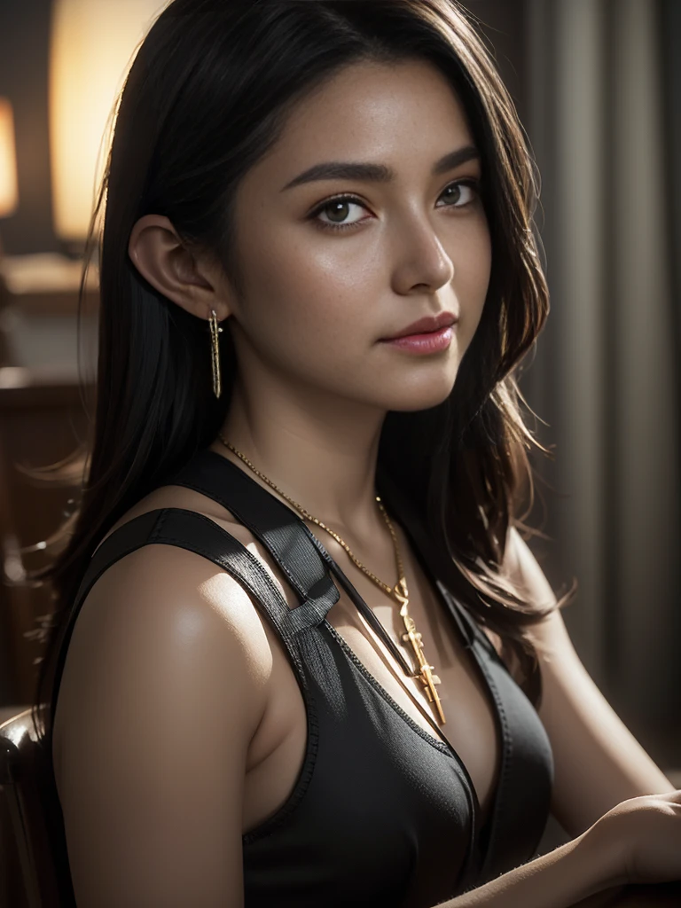 Bra is visible, Full body image, Highest quality,masterpiece,masterpiece portrait,Intricate details,Magnificent Light,Fantasy,Dungeons & dragon,Retro,priest,Dark Elf,One girl,Wooden table,Shoulder strap,Grey Skin,Elegant smile,squint,Close-up portrait of a Mycenaean Drow woman wearing gold jewelry, Spider:0.9, web:1.0, Fantasy, Volumetric lighting, コンセプトart, Brush Stroke Style, artステーション, trend, Very detailed, art:Greg Rutkowski