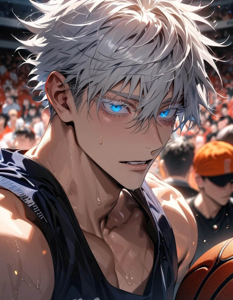 absurdres, highres, ultra detailed, HDR, masterpiece, extremely detailed face and eyes, Gojo Satoru, white hair with bangs, hair between the eyes, expressive blue eyes, white eyelashes, Jujutsu Kaisen, solo, sexy man, handsome, basketball uniform, basketball, basketball court background, audience cheering