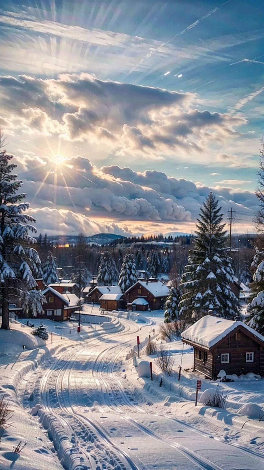 a siberian village, detailed winter landscape, snow covered pine trees, rustic wooden houses, smoke coming from chimneys, frozen lake, people ice skating, detailed snow textures, beautiful sunset sky, warm lighting, detailed textures, photorealistic, 8k, (best quality,4k,8k,highres,masterpiece:1.2),ultra-detailed,(realistic,photorealistic,photo-realistic:1.37)