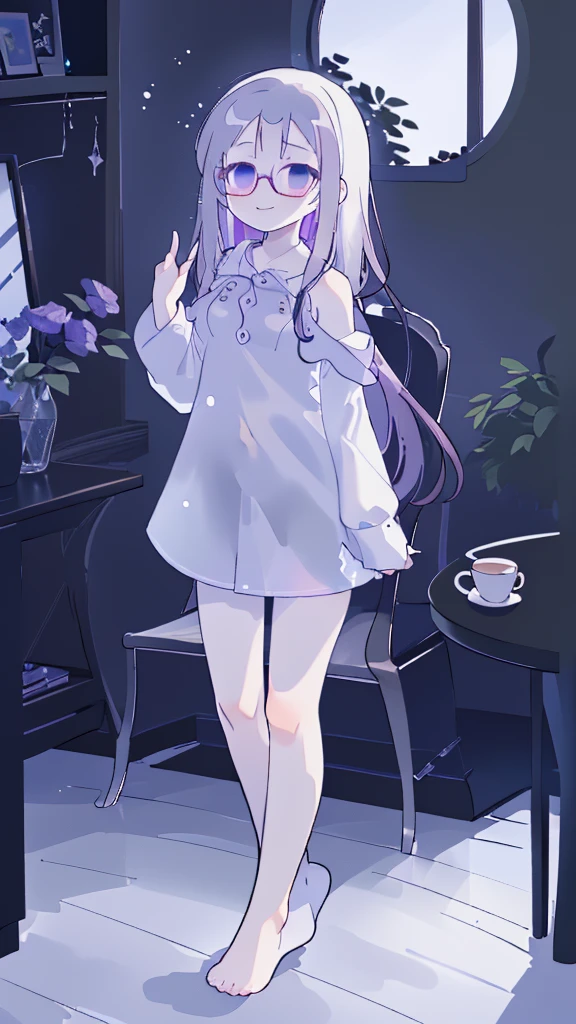 (flat:1.5),(cafe, window, sunlight, table, chair, sedentary:1.5) (BIG ASS, thick thighs:0.7), (warm light source:1.2), intricate details, volumetric lighting, Realism BREAK(masterpiece:1.2), (top quality), 4K, ultra detail, (Dynamic configuration:1.4), Very detailed and colorful details,(rainbow colors:1.2), (shining lights, atmospheric lighting), dreamy, magical, (alone:1.2), intricate details, cheeky expression, (big bust:1.5), (Black eyes with a slight purple tint:1.5), (a devastated expression, dead eyes, dark atmosphere:1.5), (Very white and long hair with a bluish tint, weak perm:1.5), (oversized white shirt:1.5), (bare foot, round-rimmed glasses:1.5), (chubby:1.1), (smiling faintly:1.5),(human ear,thin legs:1.5),(chair에 sedentary, diagonal shot:1.5)
