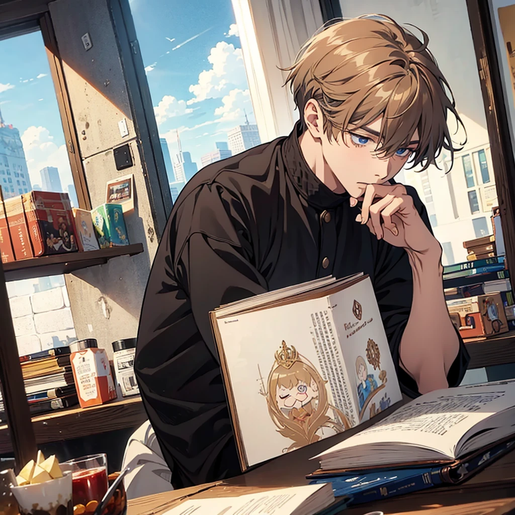 masterpiece , best quality , man , reading , chibi , anime