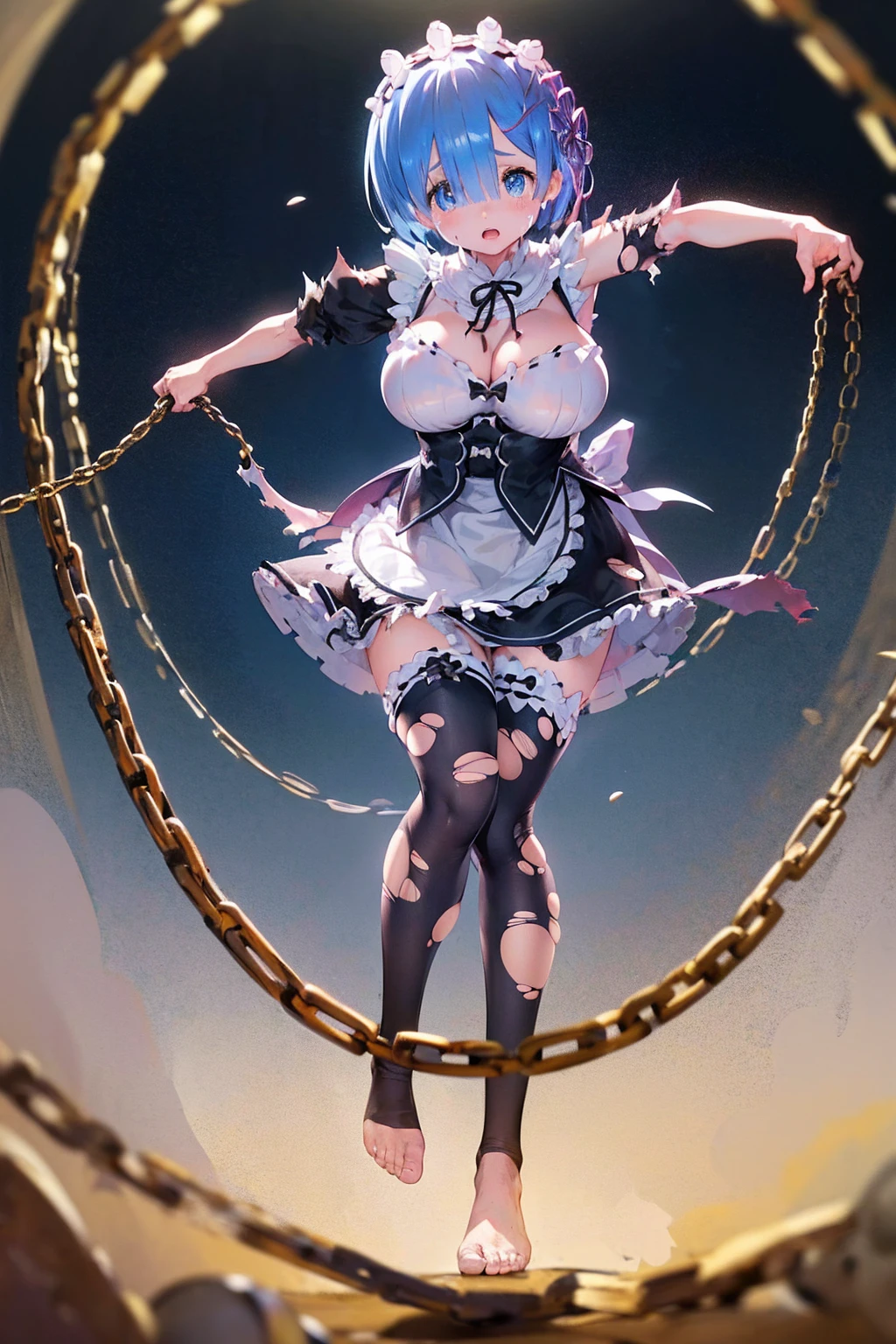 (Full moon night)、Poolside、Plump、Show your pants、(((((Fighting Pose)))))、Weapons Morningstar、((Underground Prison))、((The floor beneath my feet is crumbling))、((((Rem in chains)))),(((((Fisheye Lens)))))、(((((Super huge breasts))))、((((Plump thighs))))、(((Rem from Re:Zero)))、((looking at the camera))、High qualityHigh quality、8ｋ、(((((Full body description)))))、Chest、Fantastic、(((((Torn maid uniform)))))、barefoot、((((((Tall Rem))))))、Sweat splashes、Clothes are ripped off,(Torn knee-high socks)、