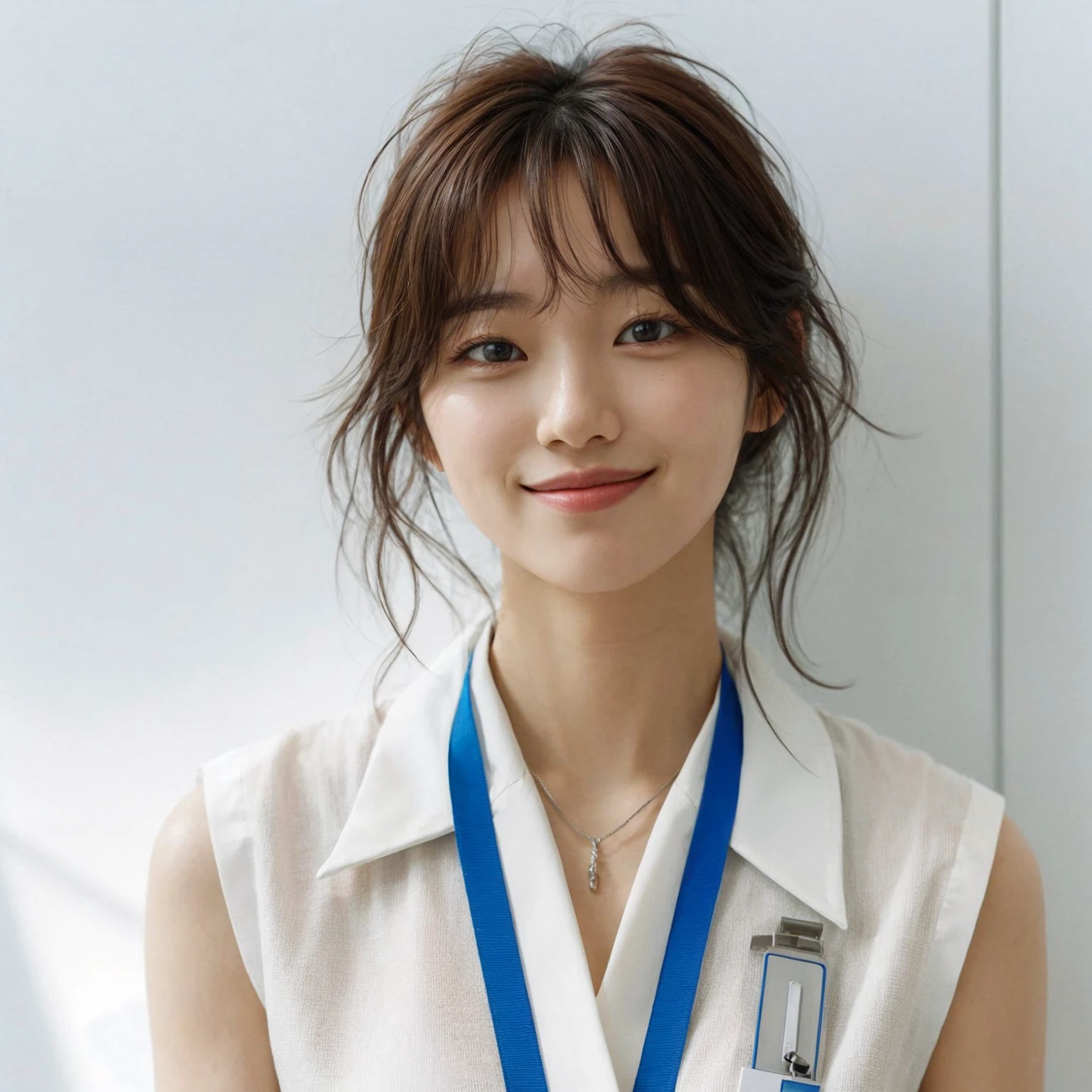 A korean female with messy hairstyle. They are dressed in a sleeveless white blouse and have a blue lanyard around their neck. The expression is cheerful, with a smile. The background is clean and minimalistic with a white wall. UHD. 8k. realistic photo. masterpiece. Super detailed,Very detailed,sharp focus,Surreal:1.4,professional,HD images