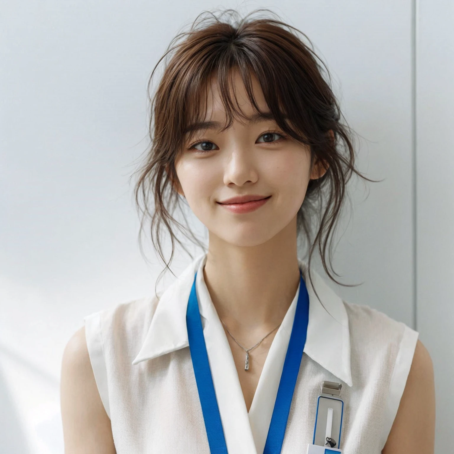 A korean female with messy hairstyle. They are dressed in a sleeveless white blouse and have a blue lanyard around their neck. The expression is cheerful, with a smile. The background is clean and minimalistic with a white wall. UHD. 8k. realistic photo. masterpiece. Super detailed,Very detailed,sharp focus,Surreal:1.4,professional,HD images