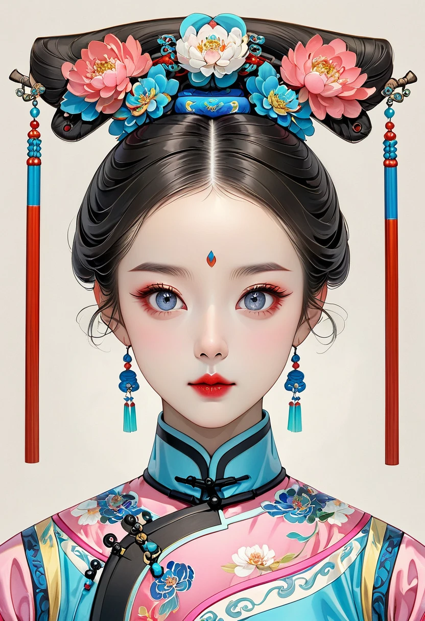 Ancient Chinese style meticulous painting,Thick coating of the board,Colored pencils,fine digital art,Clean lines,Beautiful Chinese Qing Dynasty Princess,Bright Eyes,Exquisite facial features,Qing Dynasty flag head,symmetry,Delicate hair,Qing Dynasty Clothing,Clean background,Bright colors,High Saturation