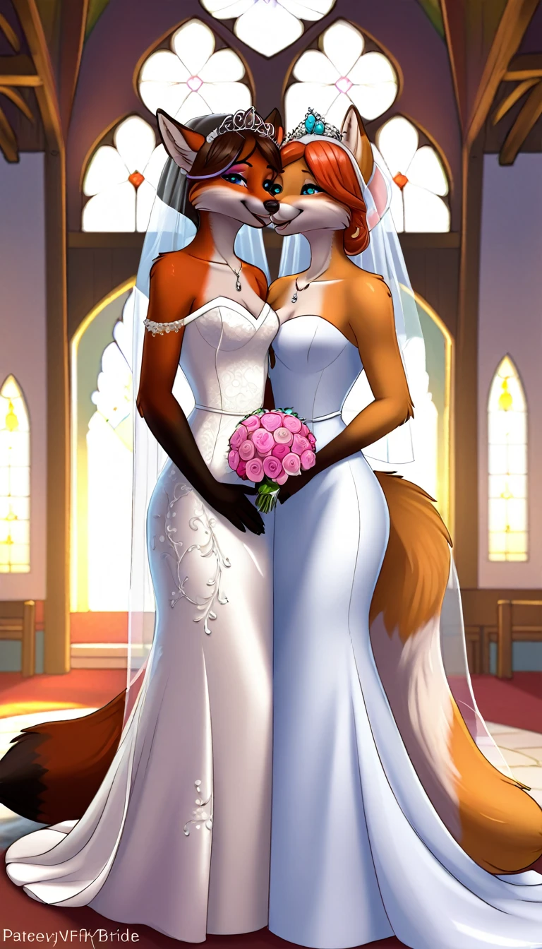 furry fox yiff bride lesbian & lesbian women & women & wedding dress veil tiara chapel,