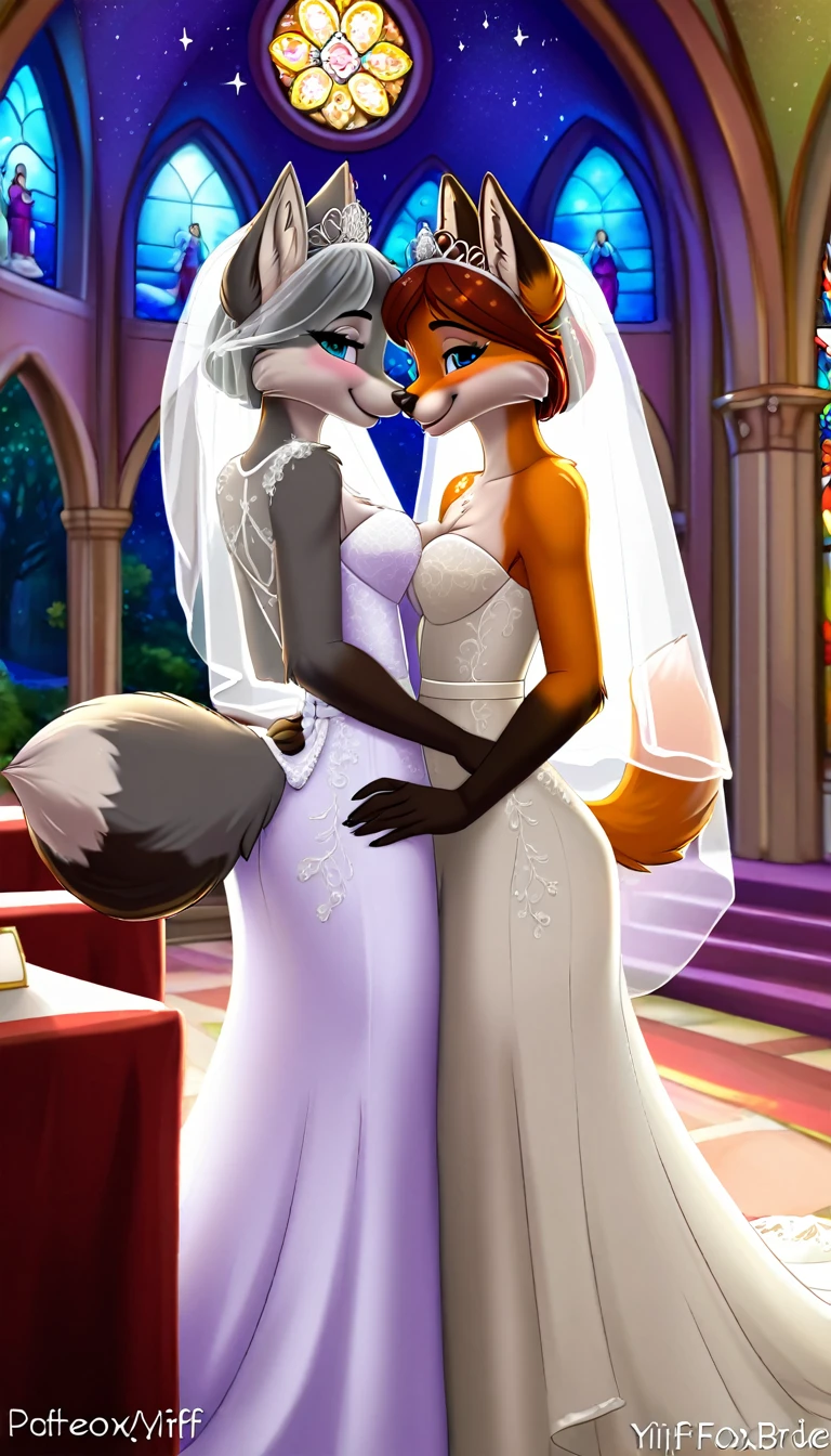 furry fox yiff bride  lesbian & lesbian women & women & wedding dress    veil tiara chapel,