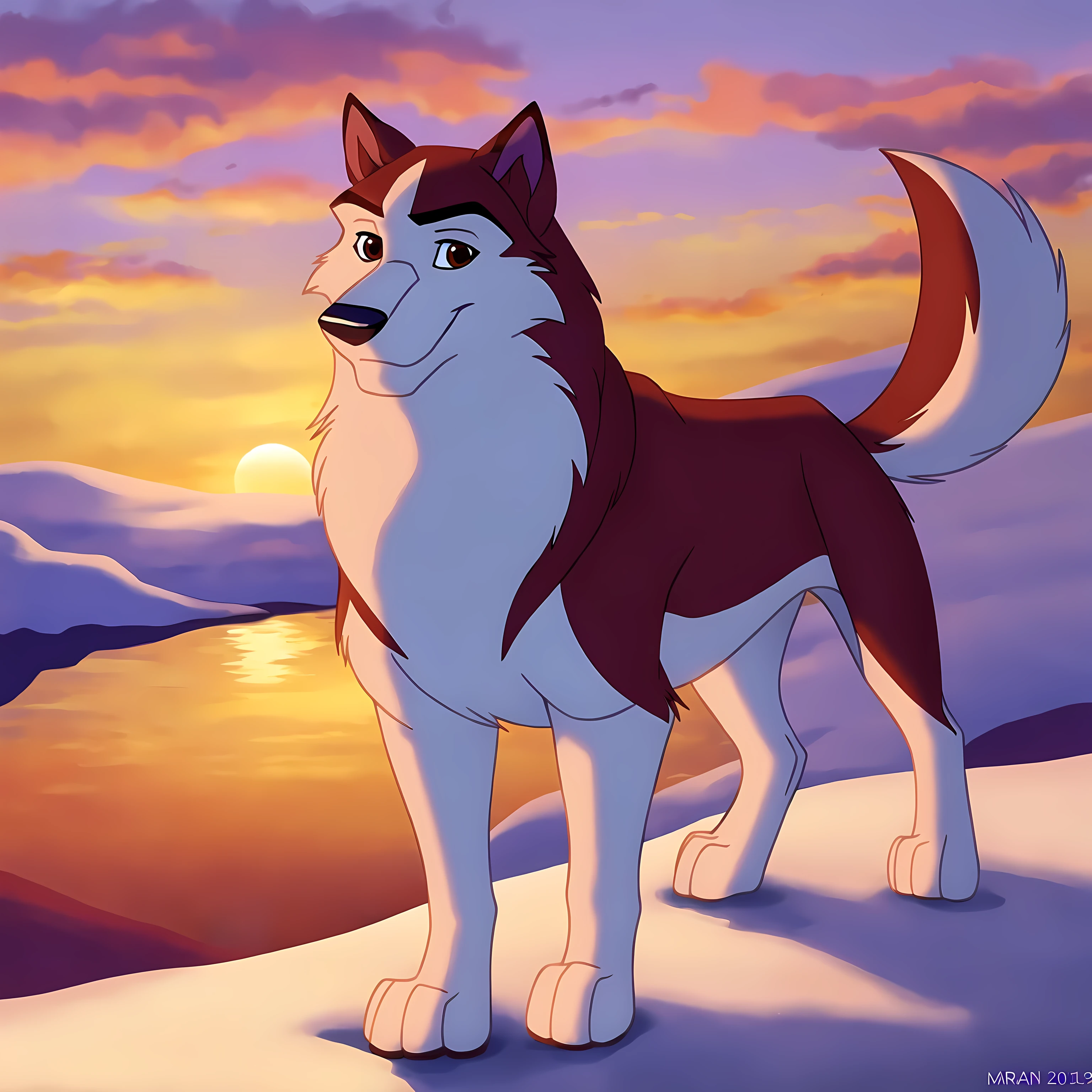 kodiak (balto), red fur, solo, full body, feral, detailed, detailed eyes, quadruped, male, young adult, wolf body, wolf tail, brown eyes, cartoon shading, cel shaded:1.0, winter background, sunset, smile, front view, paws, by marjani,