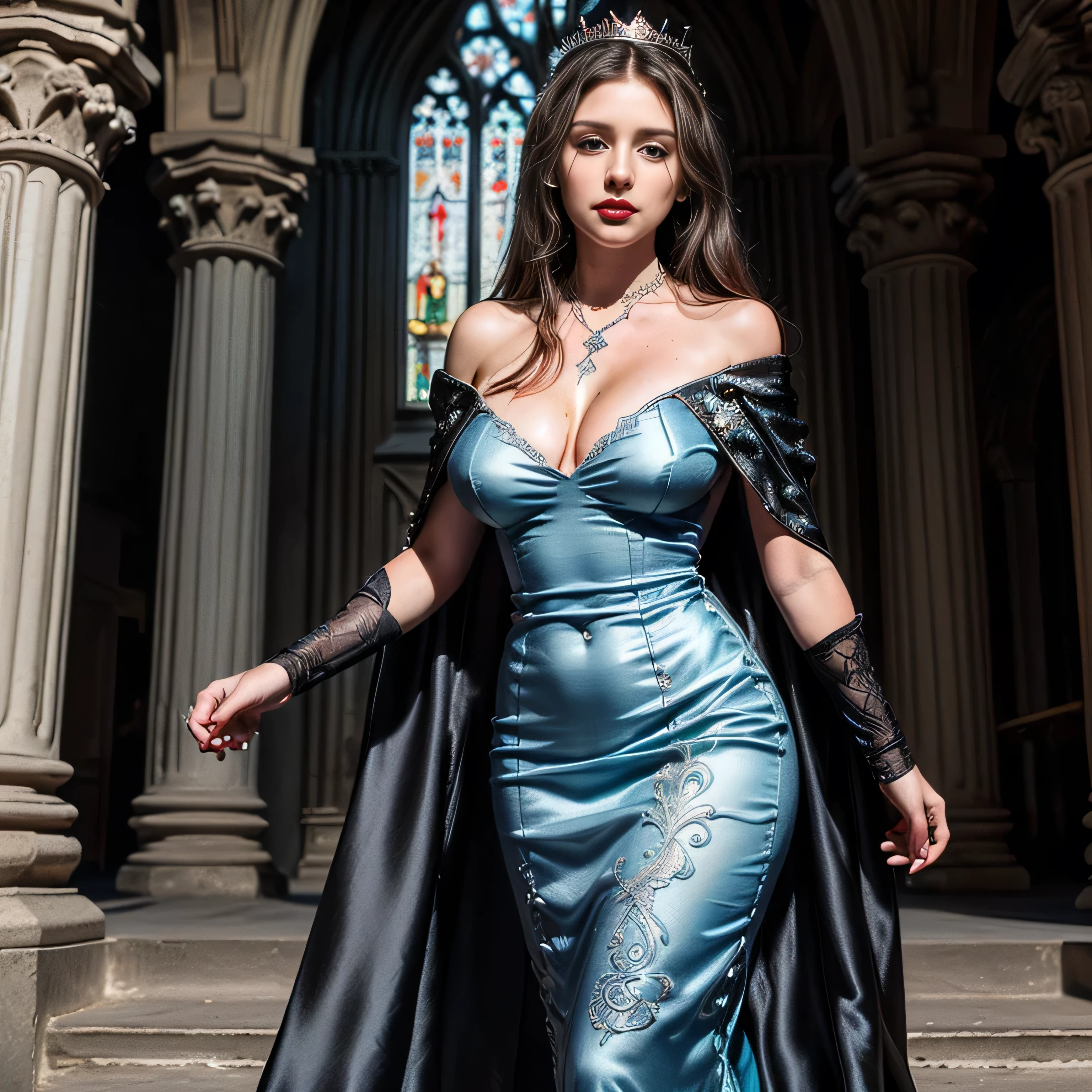 ((masterpiece, photorealistic:1.4, extremely intricate:1.3, photon mapping, radiosity, physically based rendering, ultra resolution, hyper-realistic, photorealistic:1.4, hyper-realistic, 8K)), ((solo athletic age supermodel, (satisfied, serious, aloof, ((([large breasts:huge breasts:0.5], topless)) fantasy blue etched brocade low cut elegant dress, plunging neckline, off shoulder revealing deep cleavage, humid, black silk cape, ((queen))), emerald necklace, Makeup:1.0, red lips, (((long straight hair))) [blonde hair:dark hair:0.5], [skin detail:freckles:0.7]))), fujicolor, she is standing at the top of ((stone stairs)) in a medieval church with chrome windows
