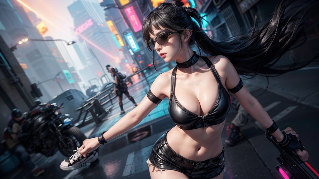 8k, Realistic Skin Texture, Realistic Photo, Neo Tokyo, slim women, large-:1.4 cleavaAD2050 at night, Dirty hunting jacket, Wearing tube top, miniskirt, (((black sunglasses, automatic rifle, sneakers, cold, shooting pose, very low angle view))), Innovative composition, revenge, cyberpunk, blade runner worldview, Large neon sign, Geisha hologram sign, Strong Wakamoto Sign.