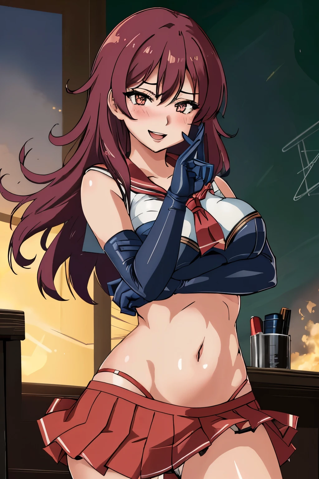 Desert_Sorceress_outfit, 1girl, solo, gloves, elbow_gloves, large_breasts, smirk, dominant female, femdom, dommy-mommy, makeup, lipstick, red lipstick,large breast ,long hair, mature female, makeup, eyelashes, blush, lipstick, masterpiece, best quality, highly detailed, a anime girls in sailor uniforms with a gun posing for a picture,
evil smile, smile, open mouth,black_serafuku, ecchi anime style, anime girls , (nsfw) not safe for work,
ecchi style, ecchi, shipgirls, digital anime art!!, high school girls, holding a gun, hold a gun, anime style 4
k, micro skirt, exposed belly, exposed navel, exposed midriff,
exposed lower belly,school, classroom,