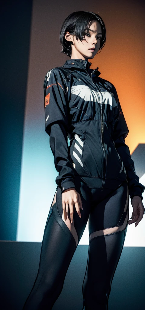 woman, Short hair in braids, Black bicolor hair, Camouflage, Big Breasts, Combat Uniform, Equipped with a laser cannon, Tight Suit, Show her silhouette, Neon lines in suits, Skull Squad Shield, Battalion Pose, Focus on the whole body, High resolution.