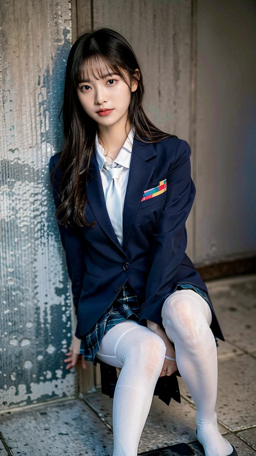 (8K), (Highest quality: 1.2), (Realistic), (Realistic: 1.37), Ultra-high resolution, (1 Girl), cute, blush,A shy smile, Beautiful details, Beautiful Nose, Wet Hair, Giant Dulcefo, pork, Thighs，Self Snap,University Uniforms,(A simple navy blue blazer:1.4),(Pleated skirt:1.2),(The skirt and tie are gray tartan check pattern..:1.3),(Sitting:1), Sit on the ground,(Grab my legs:1),(Glossy white pantyhose :1.2),from the front,knees