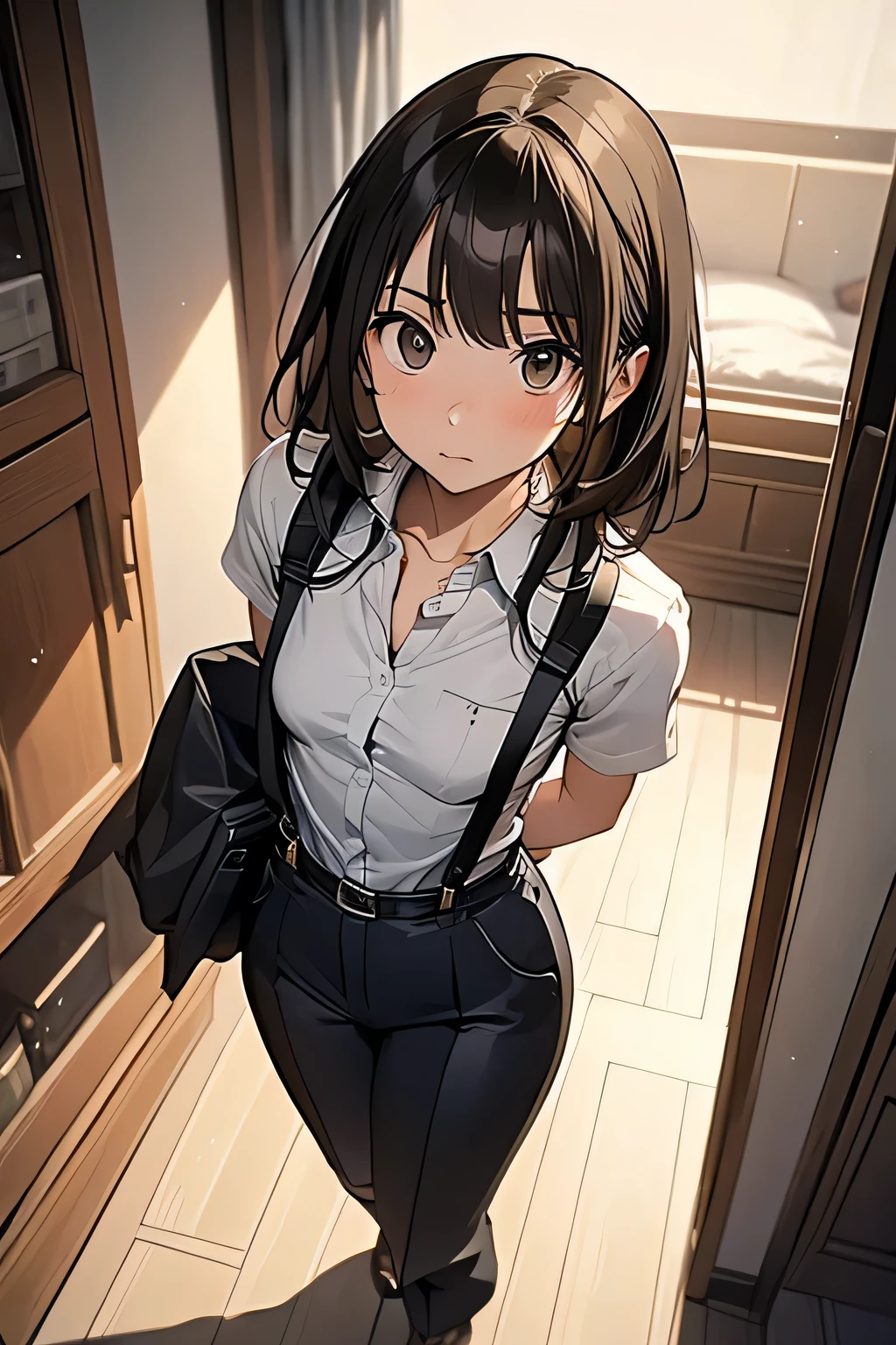 1 female, , high quality, masterpiece, Ultra-high resolution, , Cinema Lighting, , , And the suspenders with the cranes flying Moderate breasts Small face holster Lying in bed Looking up Sweat belt summer 脇Sweat Black Hole Gloves suit shirt Black jacket Black trousers Leg Links ズボンにbelt holster Hands behind your back Anxious expression Looking up Anxious face