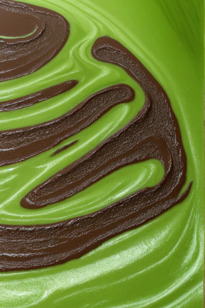 smooth, green, glossy, melted brown chocolate, with Thick creamy texture with matcha leaves, wavy texture background