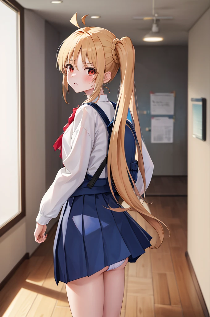 masterpiece, Highest quality, High resolution, 1 in, Side Ponytail, Long Hair, Ahoge, White shirt, Blue Skirt, Long sleeve, Red Bow, White socks, Are standing, Cowboy Shot, indoor, School corridor,Disgust,anger,Open your mouth,wear randoseru backpack,((Butt,Panties in full view)),Skirt flip,