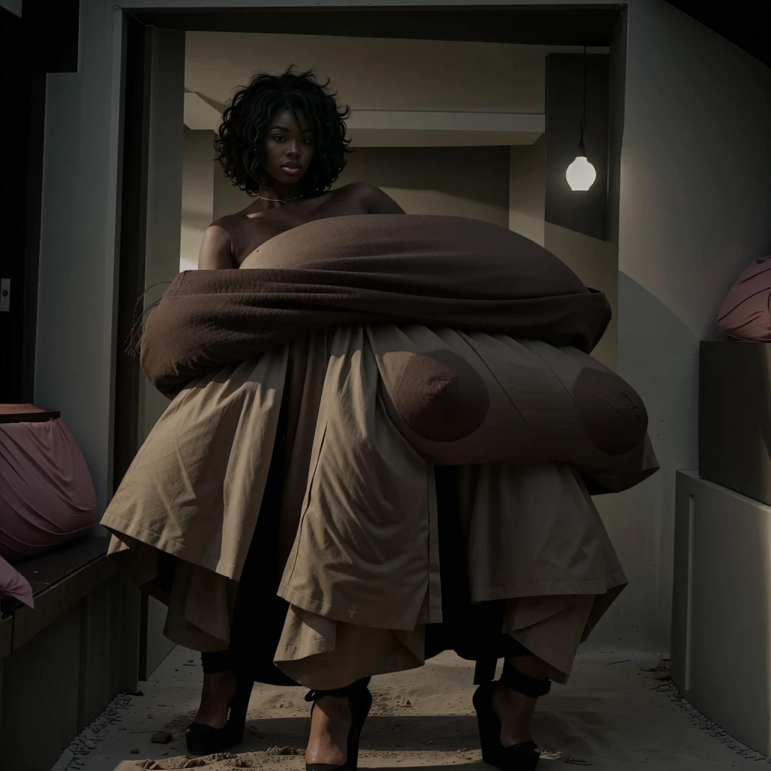 Afrowoman with massive breasts in heels 