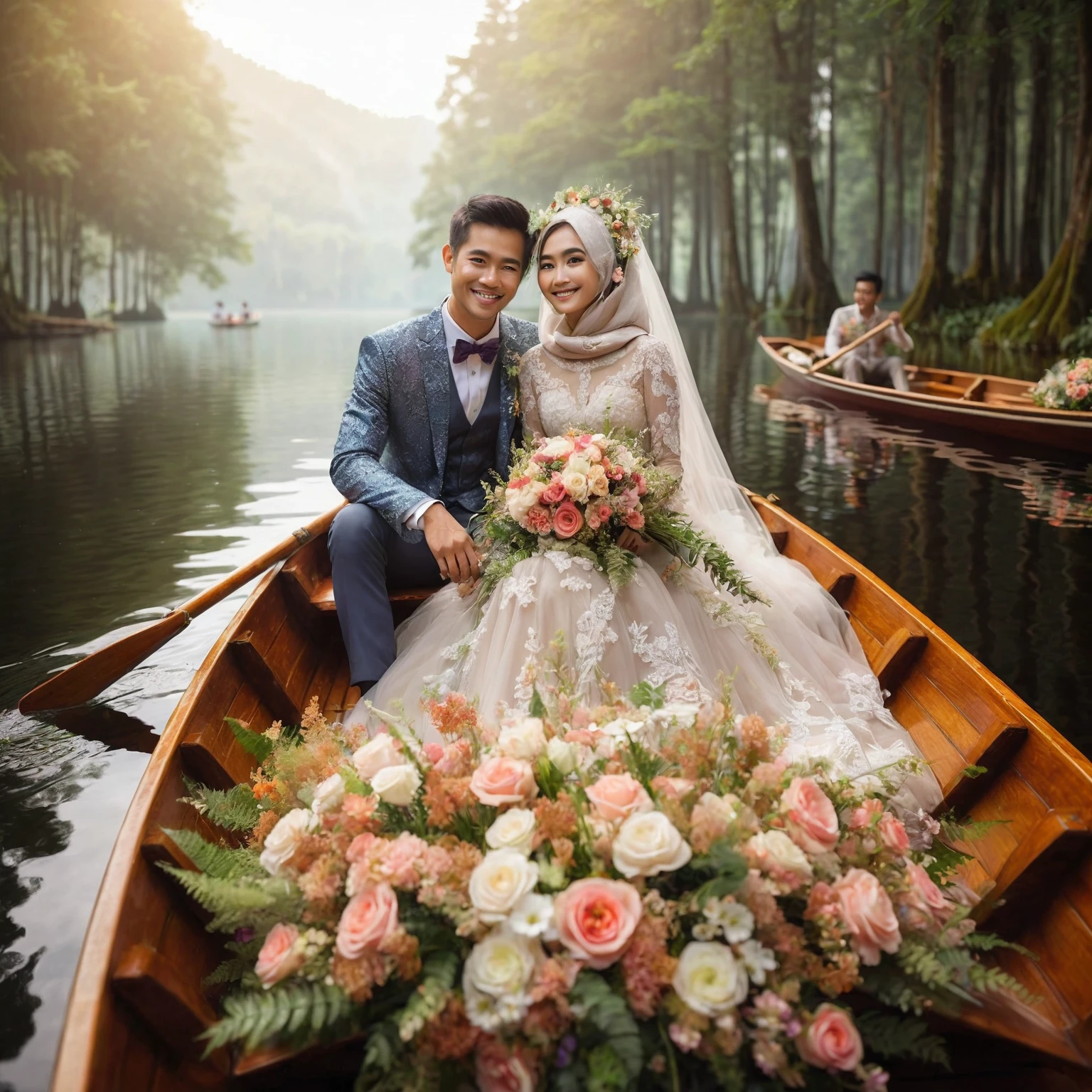 Indonesian bride and groom on a row boat with flowers in front, floating flower bouquet, on a boat on the lake, romantic pose, happy and smiling, very magical, covered with flowers, rowing boat, beautiful couple, delicate theme, romantic couple, in a fairytale forest unique, romantic themed, romantic greenery, in a romantic style, on the lake, beautiful atmosphere, ultra high definition